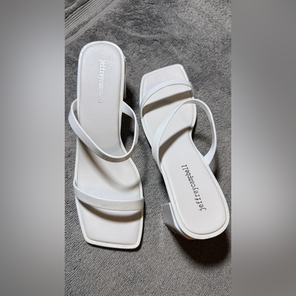 Jeffrey Campbell White Heeled Sandals Asymmetrical Design
